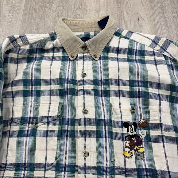 Vintage Disney Mickey Mouse Football Flannel Shirt Men's Large Plaid 90s Preppy - Picture 3 of 10